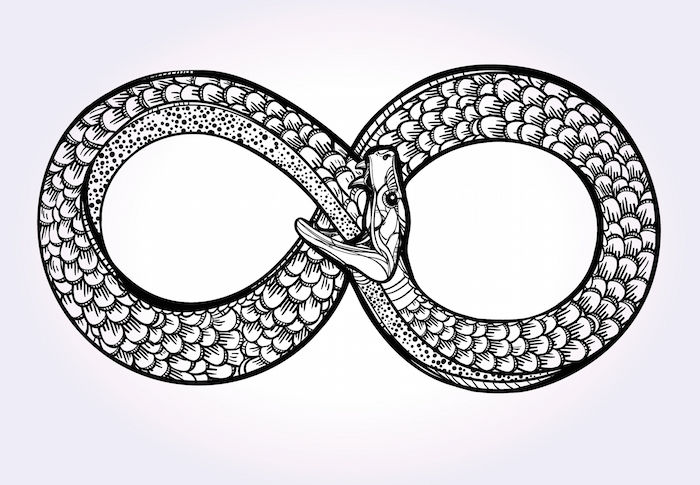 A stylized infinity symbol formed by a serpent with a figure sitting inside it.