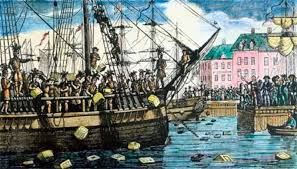 Historical scene of a ship with people throwing boxes into the water near a building.