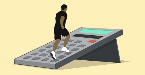 A person in athletic wear is stepping on a large calculator.