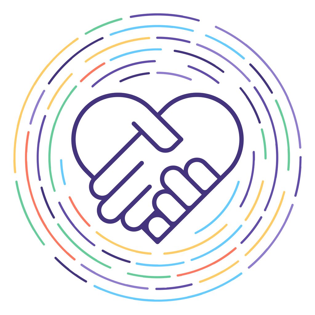 Two hands shaking in a heart shape with colorful circular lines around them.