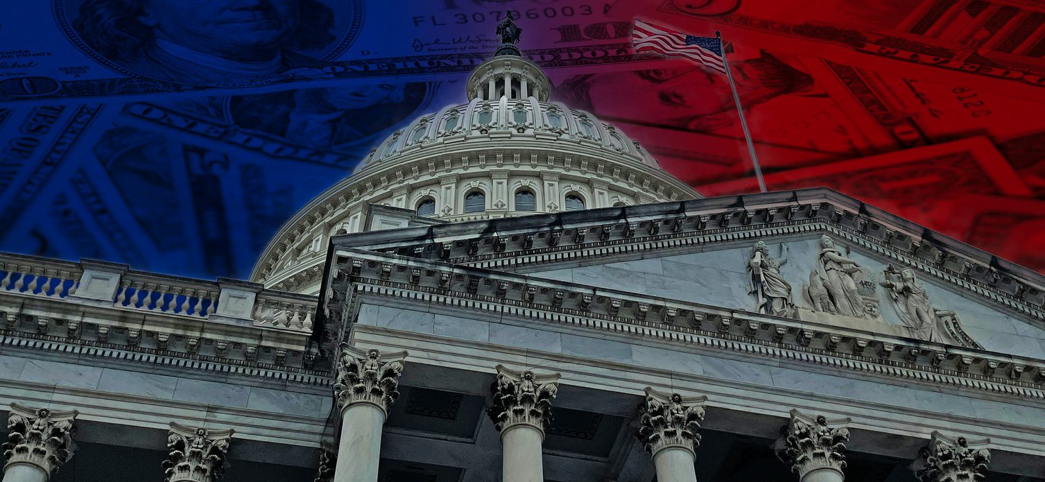The U.S. Capitol building with a backdrop of money and a red-blue gradient.